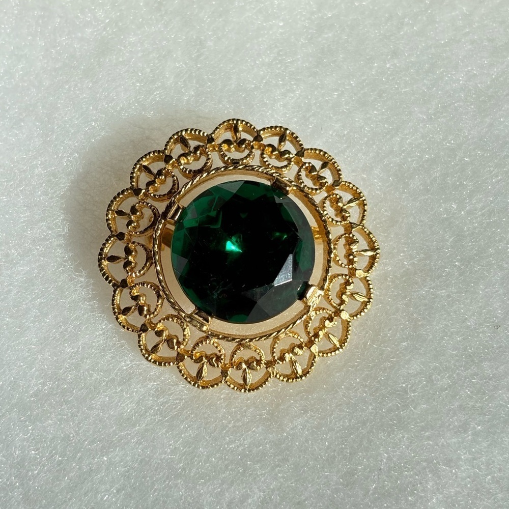 Gold Tone Green Gem Costume Brooch